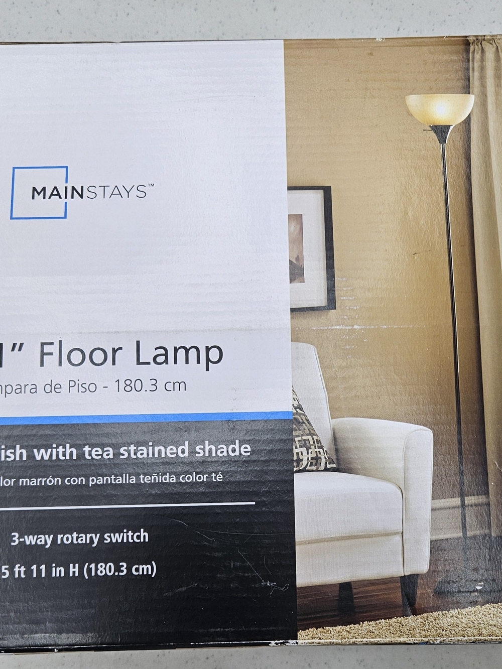 Mainstays 71" Floor Lamp - Brown Finish with Tea Stained Shade - NEW IN BOX
